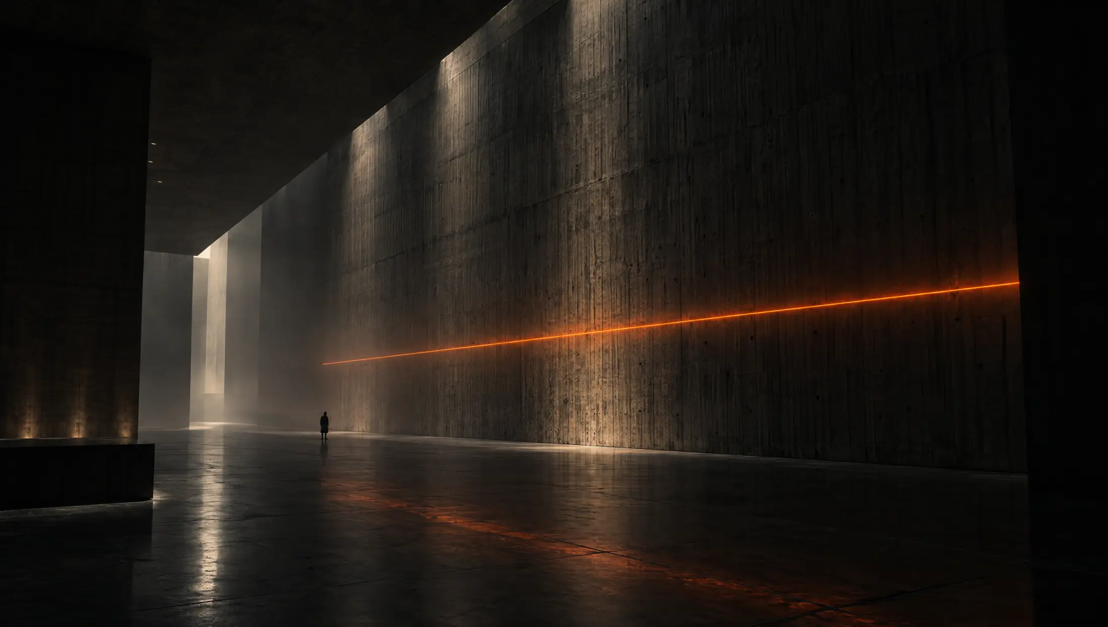 Brutalist concrete hall with a thin orange light line scanning the wall