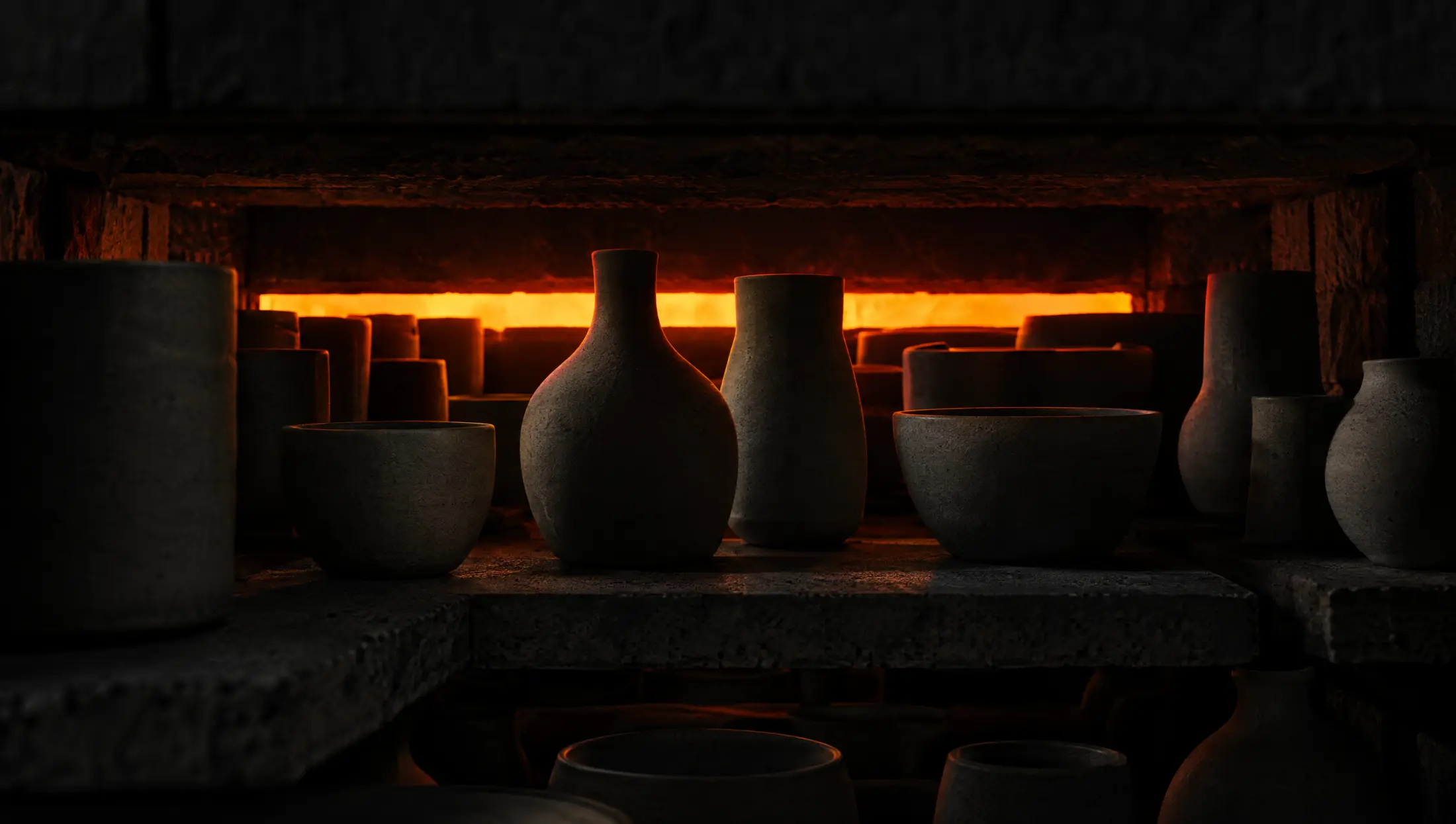 Stoneware vessels silhouetted against orange kiln light