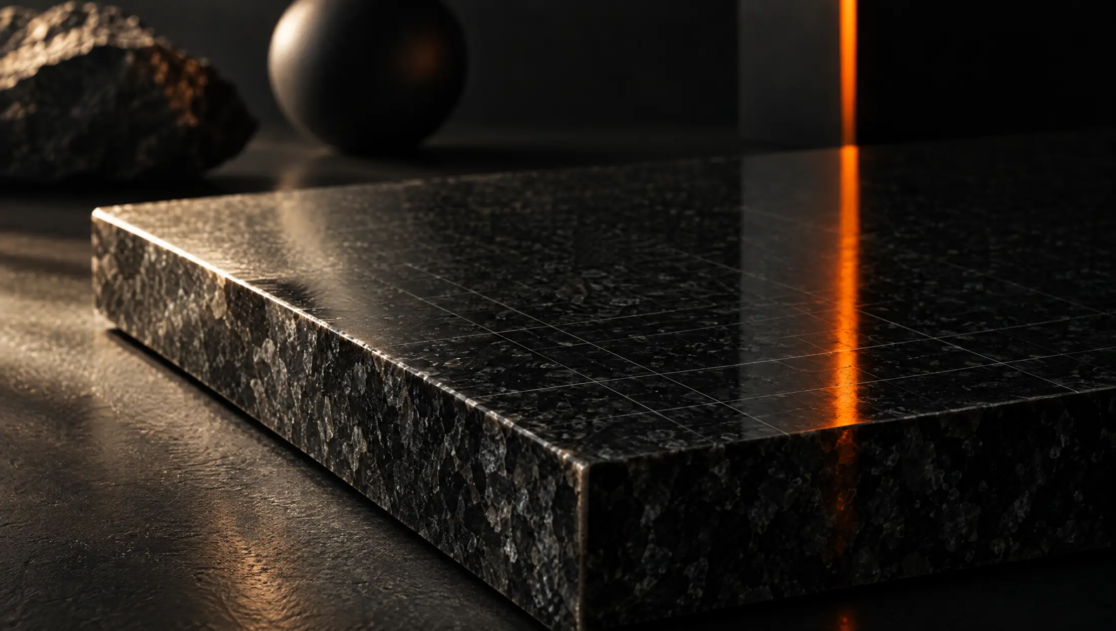 Polished black granite with a hairline orange reflection